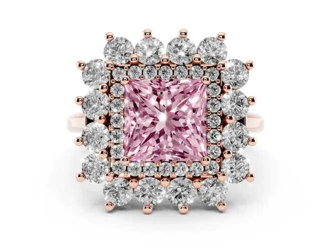 Fancy Pink Princess Cut Diamond Floral Double Halo Ring Set in Rose gold with Round Petals