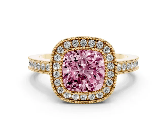Cushion Cut Milgrain Halo Engagement Ring Setting for a Fancy Pink Lab-Grown Diamond | Yellow Gold