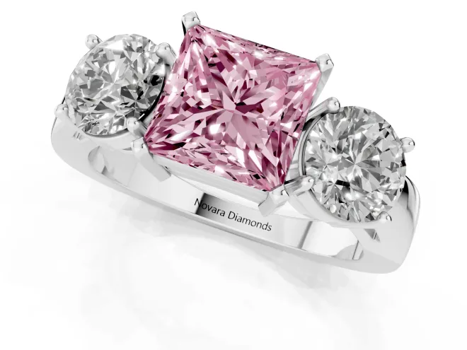 Fancy Pink Princess Cut Diamond Three-Stone Ring Set in Silver with Round Side Stones and Classic Band – second view