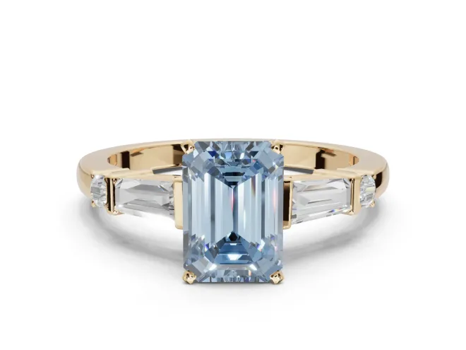 Emerald Cut Tapered Baguette Engagement Ring Setting for a Fancy Blue Lab-Grown Diamond | Bar Set Sides | Yellow Gold