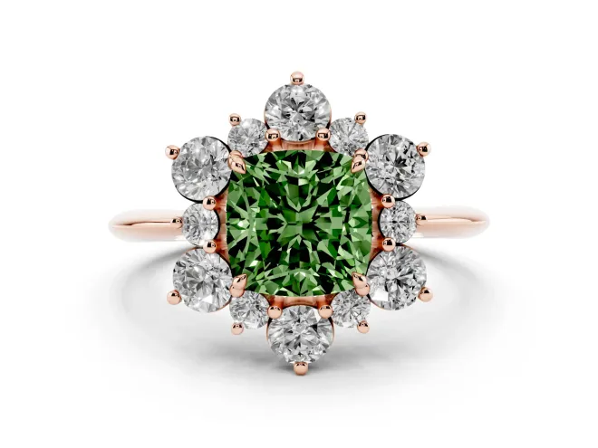 Cushion Cut Cluster Halo Engagement Ring Setting for a Fancy Green Lab-Grown Diamond | Rose Gold