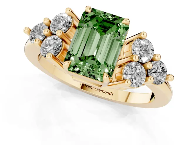 Fancy Green Emerald Cut Diamond Solitaire Ring Set in Yellow gold with Cluster Accents on Each Side – second view