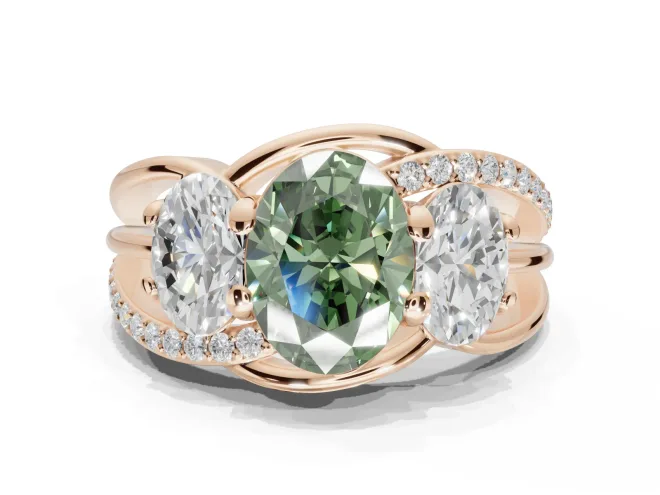 Oval Three Stone Split Shank Engagement Ring Setting for a Fancy Green Lab-Grown Diamond | Matching Sides | Rose Gold