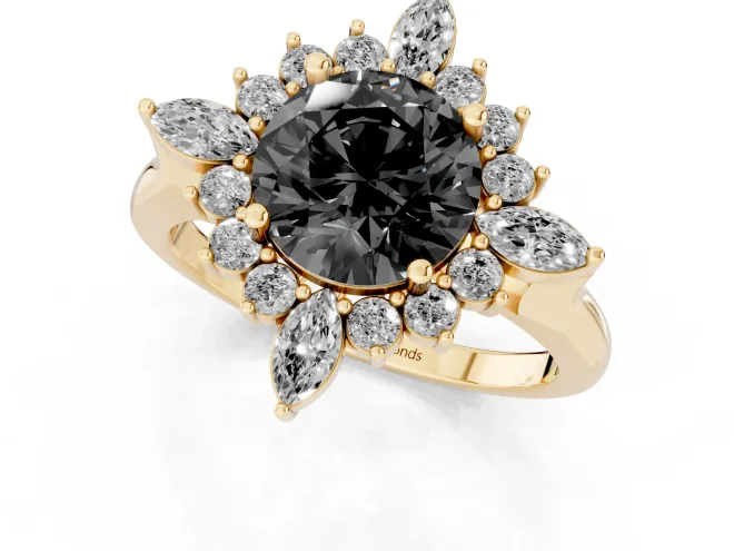 Fancy Black Round Cut Diamond Cluster Halo Ring Set in Yellow gold with Marquise and Round Accents – second view