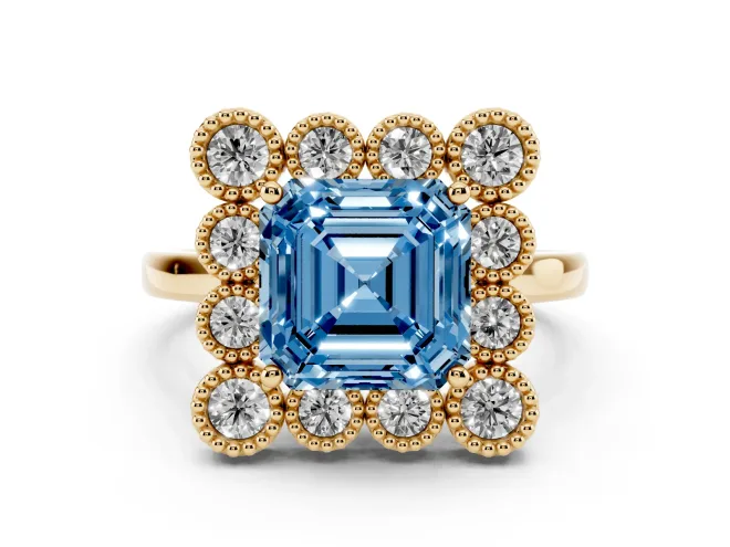 Asscher Cut Milgrain Cluster Halo Engagement Ring Setting for a Fancy Blue Lab-Grown Diamond | Plain Band | Yellow Gold