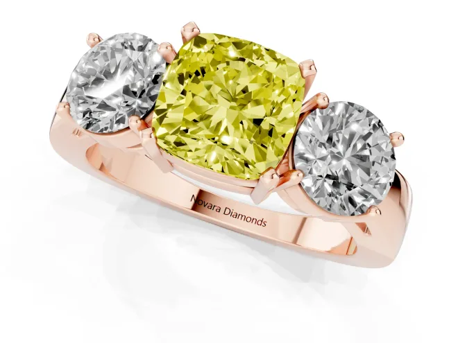 Fancy Yellow Cushion Cut Diamond Three-Stone Ring Set in Rose gold with Round Side Stones and Classic Band – second view
