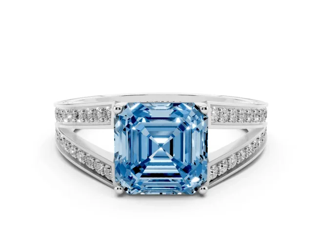 Asscher Cut Split Shank Pavé Engagement Ring Setting for a Fancy Blue Lab-Grown Diamond | Sterling Silver