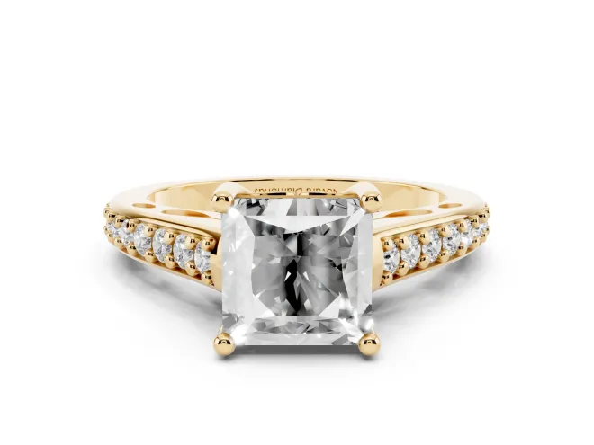 Princess Cut Diamond Prong Set Solitaire Engagement Ring Set in Yellow gold with Pavé Band