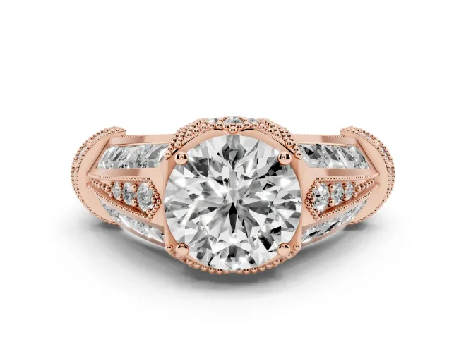Round Cut Diamond Vintage-Inspired Milgrain Ring Set in Rose gold with Accent Split Shank