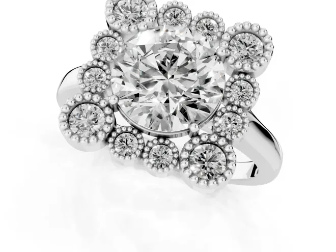 Round Cut Diamond Cluster Halo Ring Set in Platinum with Milgrain Bezel Accents and Plain Band – second view