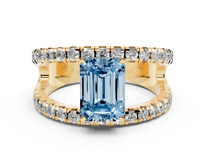 Emerald Cut Split Shank Pavé Engagement Ring Setting for a Fancy Blue Lab-Grown Diamond | Yellow Gold