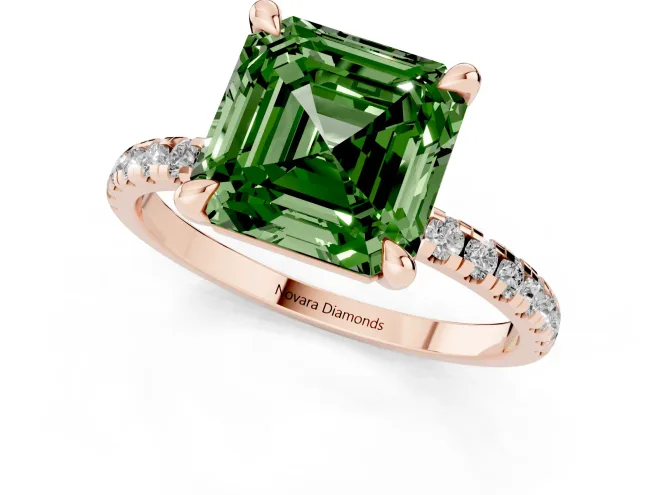 Fancy Green Asscher Cut Diamond Brilliant Solitaire Ring Set in Rose gold with Pavé Band and Prong Setting – second view