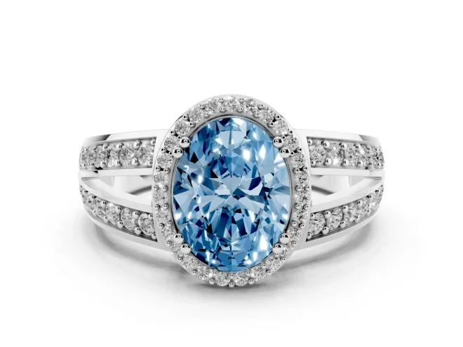 Fancy Blue Oval Cut Diamond Halo Ring Set in White gold with Double Pavé Split Shank