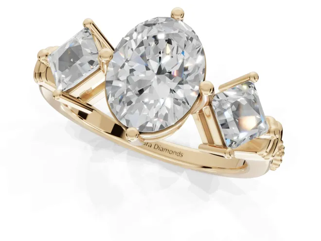 Oval Three Stone Engagement Ring Setting | On-Point Princess Side Stones | Yellow Gold – second view
