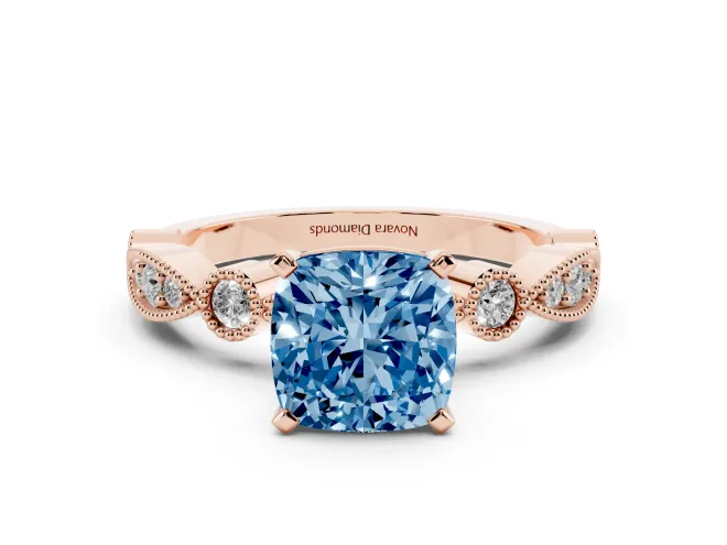 Fancy Blue Cushion Cut Diamond Solitaire Engagement Ring Set in Rose gold with Milgrain Bezel Accent Band