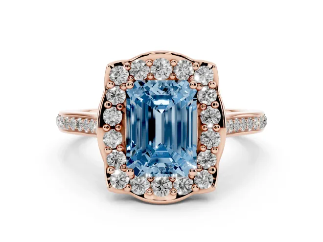 Emerald Cut Halo Engagement Ring Setting for a Fancy Blue Lab-Grown Diamond | Petal Tips | Rose Gold