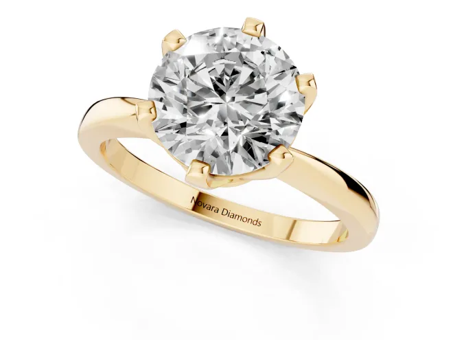 Round Cut Diamond Solitaire Engagement Ring Set in Yellow gold with Slim Tapered Solitaire Band – second view
