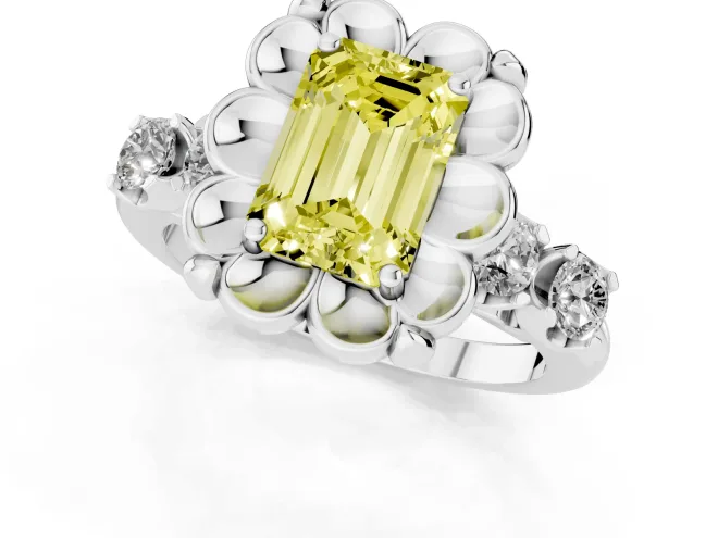 Emerald Cut Floral Engagement Ring Setting for a Fancy Yellow Lab-Grown Diamond | Petal Frame | Sterling Silver – second view