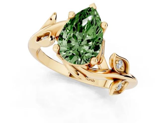 Fancy Green Pear Cut Diamond Solitaire Twist Engagement Ring Set in Yellow gold with Pavé Leaf Accents – second view