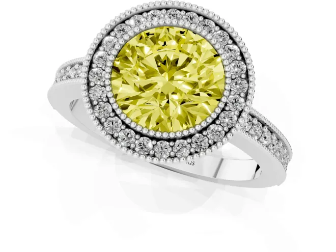 Round Milgrain Halo Engagement Ring Setting for a Fancy Yellow Lab-Grown Diamond | Pave Band | Sterling Silver – second view