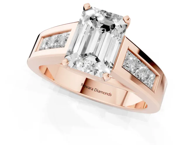 Emerald Cut Diamond Solitaire Ring Set in Rose gold with Channel-Set Accent Stones and Prong Setting – second view