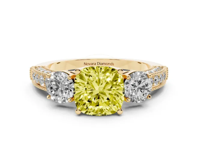 Fancy Yellow Cushion Cut Diamond Three-Stone Ring Set in Yellow gold with Round Side Stones and Pavé Band