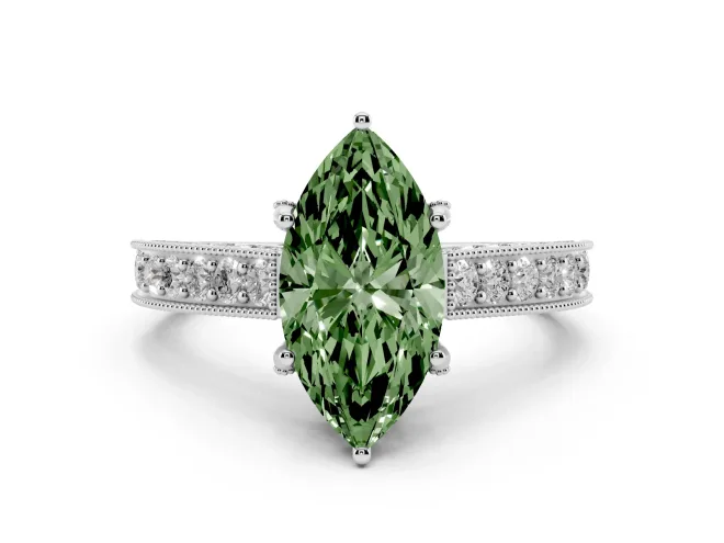 Marquise Hidden Halo Engagement Ring Setting for a Fancy Green Lab-Grown Diamond | Milgrain Pavé | Sterling Silver