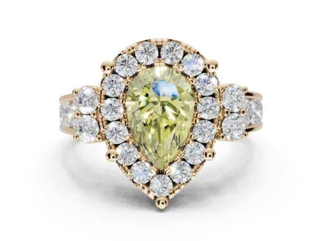 Pear-Shaped Halo Engagement Ring Setting for a Fancy Yellow Lab-Grown Diamond | Graduated Channel Band | Yellow Gold