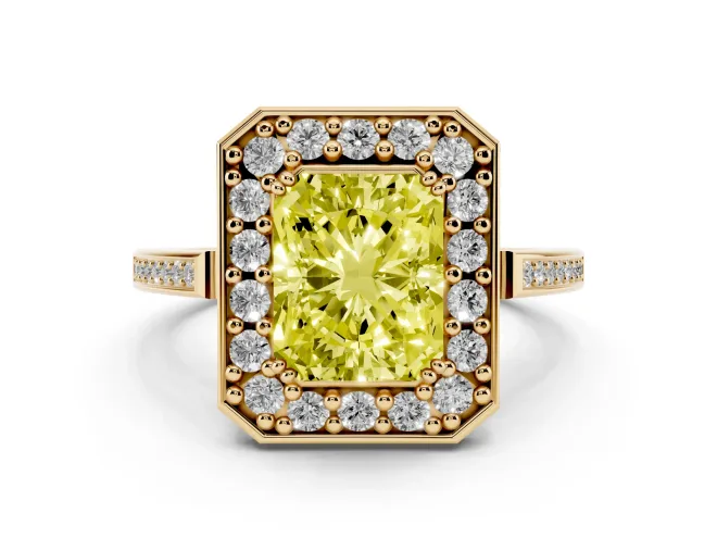 Radiant Cut Halo Engagement Ring Setting for a Fancy Yellow Lab-Grown Diamond | Polished Halo Rim | Yellow Gold