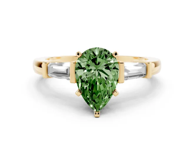 Pear-Shaped Three-Stone Engagement Ring Setting for a Fancy Green Lab-Grown Diamond | Tapered Baguettes | Yellow Gold