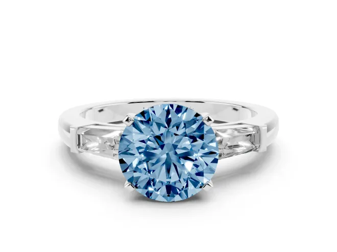 Round Three Stone Engagement Ring Setting for a Fancy Blue Lab-Grown Diamond | Tapered Baguettes | Platinum