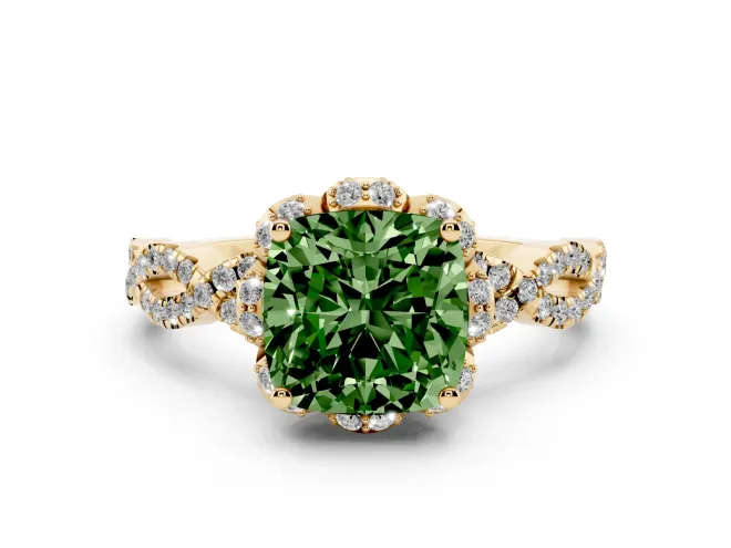 Cushion Cut Halo Engagement Ring Setting for a Fancy Green Lab-Grown Diamond | Yellow Gold - Design NV-24725