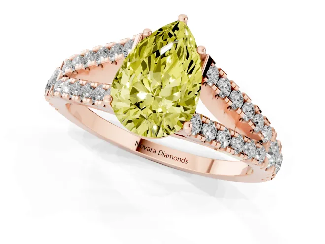Fancy Yellow Pear Cut Diamond Split Shank Pavé Engagement Ring Set in Rose gold with Prong-Held Center Stone – second view