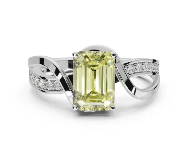 Emerald Cut Bypass Solitaire Engagement Ring Setting for a Fancy Yellow Lab-Grown Diamond | Pavé Strands | White Gold