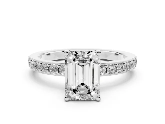 Emerald Cut Diamond Solitaire Set in Platinum with Round Pavé Band and Prong Setting