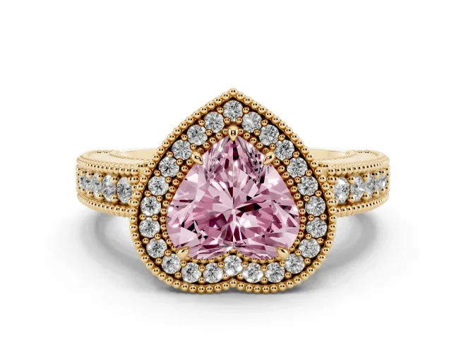 Heart-Shaped Milgrain Halo Engagement Ring Setting for a Fancy Pink Lab-Grown Diamond | Carved Leaf Detail | Yellow Gold
