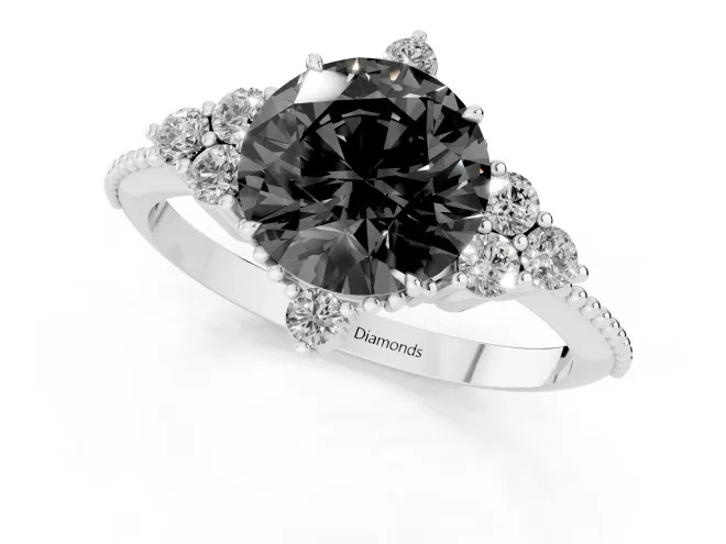 Fancy Black Round Cut Diamond Cluster Ring Set in White gold with Beaded Band – second view