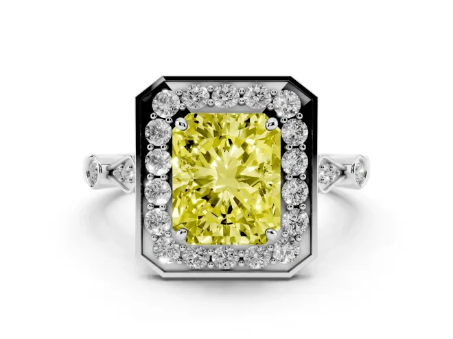 Fancy Yellow Radiant Cut Diamond Halo Engagement Ring Set in Platinum with Twisted Band and Prong Setting