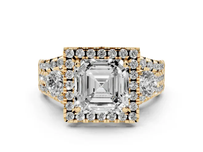 Asscher Cut Diamond Halo Split Shank Ring Set in Yellow gold with Round Accent Stones and Prong Setting