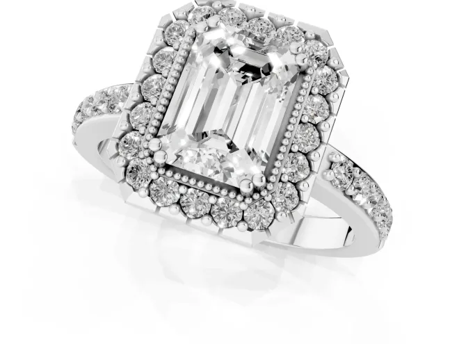Emerald Cut Diamond Halo Ring Set in White gold with Pavé Shank and Prong Setting – second view