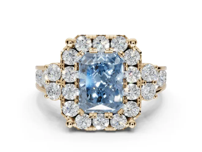 Radiant Cut Halo Engagement Ring Setting for a Fancy Blue Lab-Grown Diamond | Graduated Channel Band | Yellow Gold