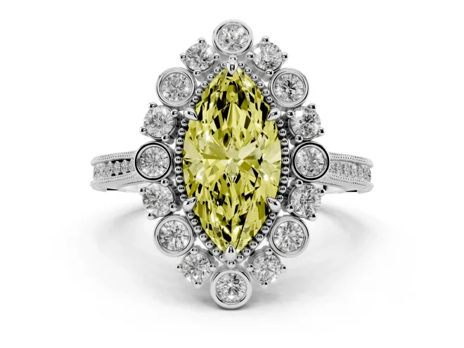 Marquise Scalloped Halo Engagement Ring Setting for a Fancy Yellow Lab-Grown Diamond | Milgrain Edges | Sterling Silver