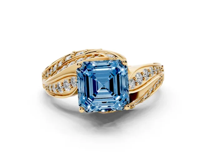 Asscher Cut Bypass Hidden Halo Engagement Ring Setting for a Fancy Blue Lab-Grown Diamond | Graduated Pavé | Yellow Gold