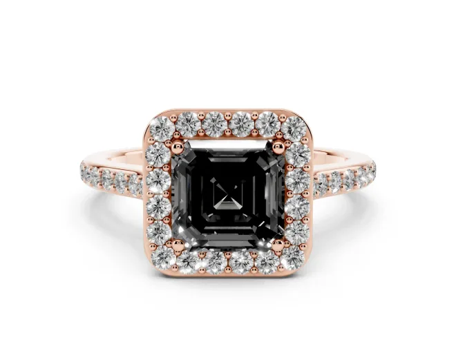 Fancy Black Asscher Cut Diamond Halo Engagement Ring Set in Rose gold with Round Pavé Shoulders and Heart Gallery