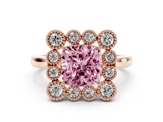 Cushion Cut Milgrain Cluster Halo Engagement Ring Setting for a Fancy Pink Lab-Grown Diamond | Plain Band | Rose Gold