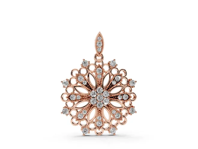 Round Lab-Grown Diamond Cluster Milgrain Floral Pendant Necklace | Openwork Medallion | Rose Gold