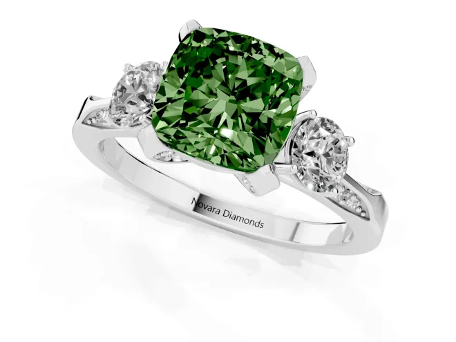 Fancy Green Cushion Cut Diamond Three-Stone Ring Set in White gold with Pavé Band and Smaller Side Stones – second view