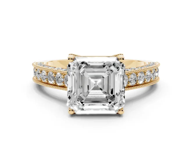 Asscher Cut Diamond Solitaire Ring Set in Yellow gold with Milgrain-Edged Pavé Band and Prong Setting