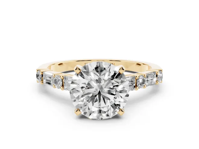 Round Cut Diamond Solitaire Set in Yellow gold with Side Baguettes and Channel Set Band