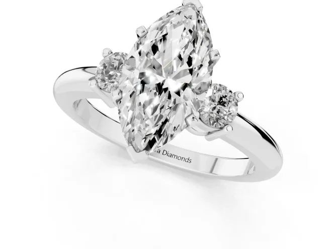 Three-Stone Marquise Cut Diamond Ring Set in Platinum with Prong Setting and Plain Band – second view